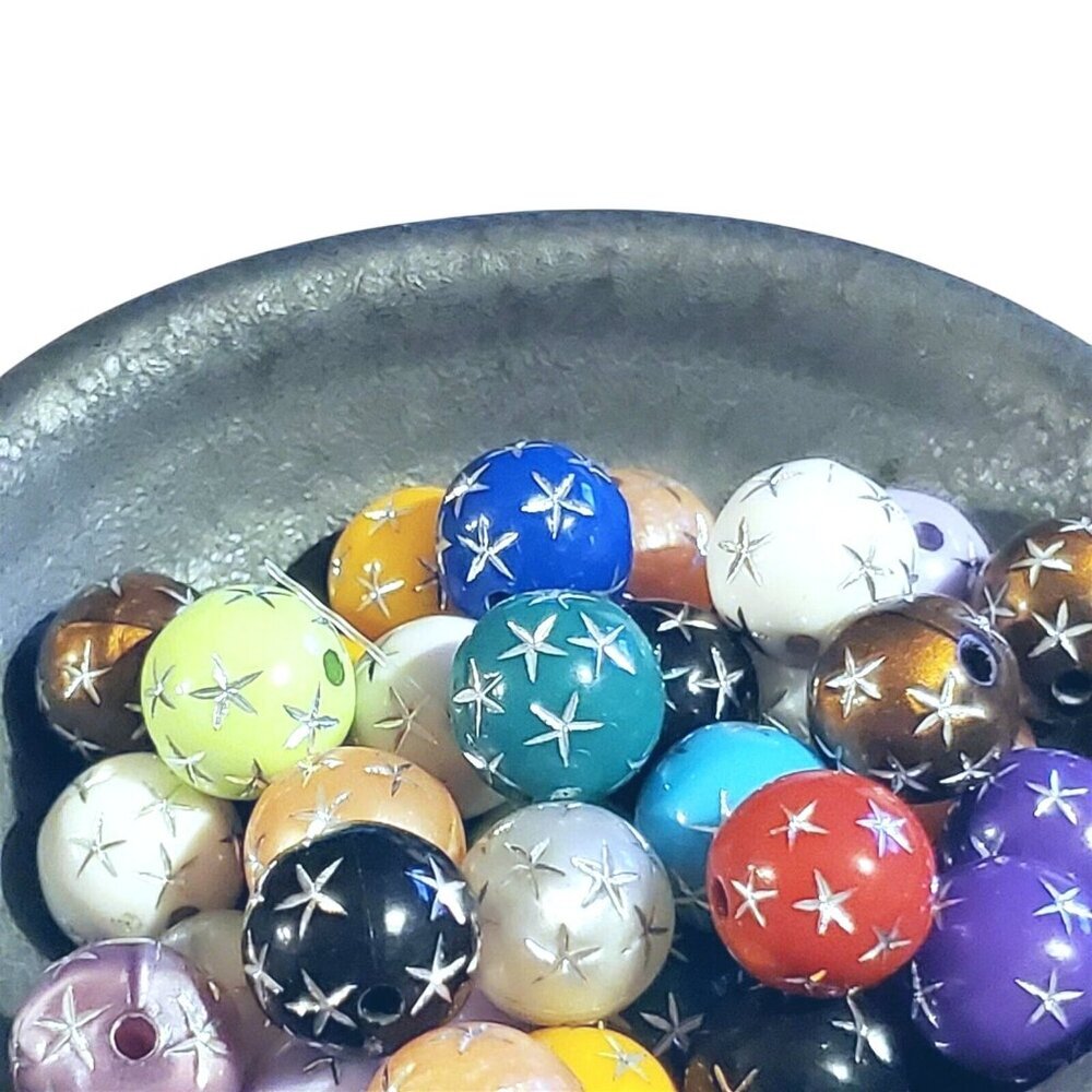 Mixed Colors Vintage Retro Silver Stars 12mm Round Acrylic Shabby Beads 10 pcs
